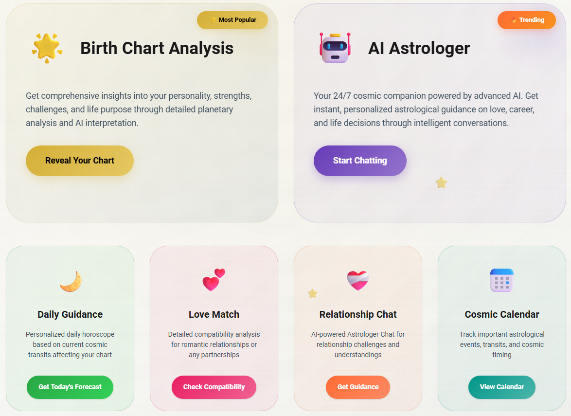 AI-powered astrology interface showing advanced birth chart analysis and personalized insights